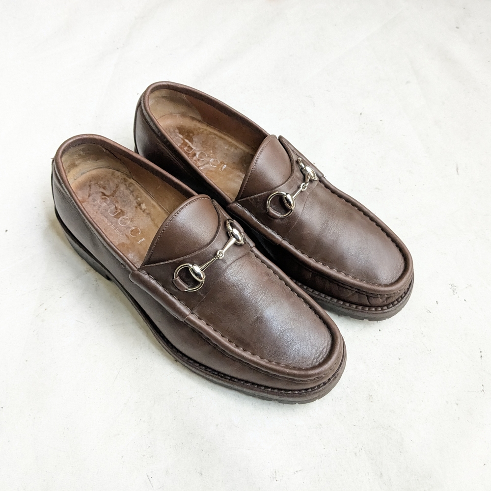 Gucci Horsebit Loafers Brown Leather Men 8 D Rubber - Picture 1 of 16